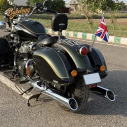 Bycology Rhino Racing Touring Exhaust with polished chrome finish and slash-cut outlets for Royal Enfield Super Meteor 650