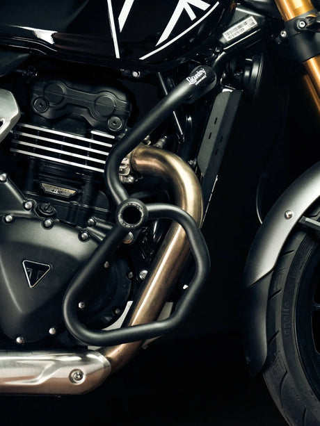 Legundary Custom Thanos crash guard with slider for Triumph Speed 400 black mild steel engine guard