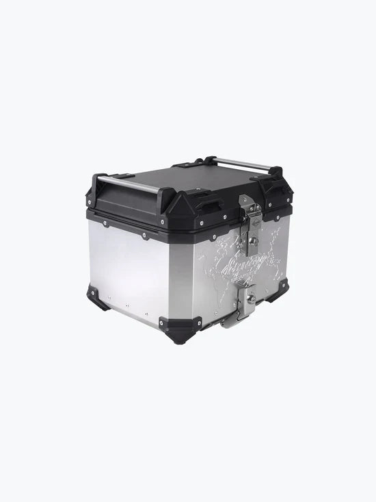 Legundary Custom Fort Knox Series TC 45L Aluminium Top Box with Backrest Pad Black Silver Motorcycle Storage Case