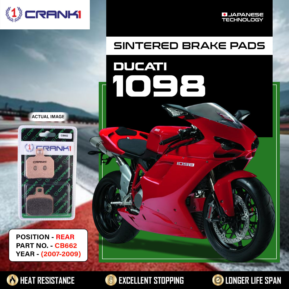 CRANK1 CB662 rear sintered brake pads for Ducati 1098 2007-2009 high performance motorcycle brake pads LEGUNDARY Custom