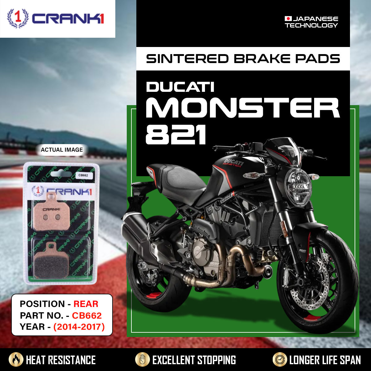 CRANK1 CB662 Sintered Rear Brake Pads for Ducati Monster 821 2014-2017 Motorcycle Brake Pads