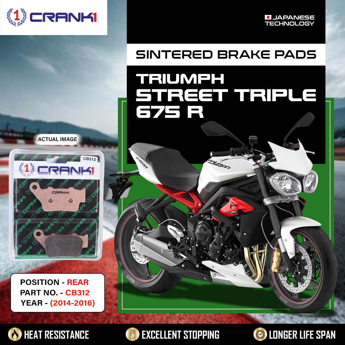 CRANK1 CB312 Sintered Rear Brake Pads for Triumph Street Triple 675 R (2014-2016)