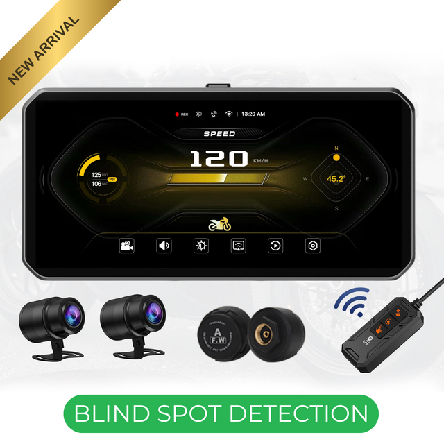 LBC Moto E3 Elite 6.25 inch motorcycle navigation system with Apple CarPlay Android Auto 2K display dual DVR TPMS GPS blind spot detection