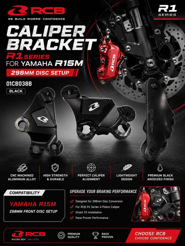 RCB R1 Series black CNC aluminium caliper bracket 01CB038B for Yamaha R15M and MT-15 V2