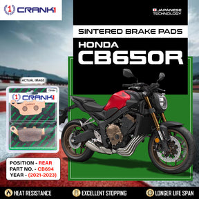 CRANK1 CB694 sintered rear brake pads for Honda CB650R (2021-2023) high-performance motorcycle braking upgrade.