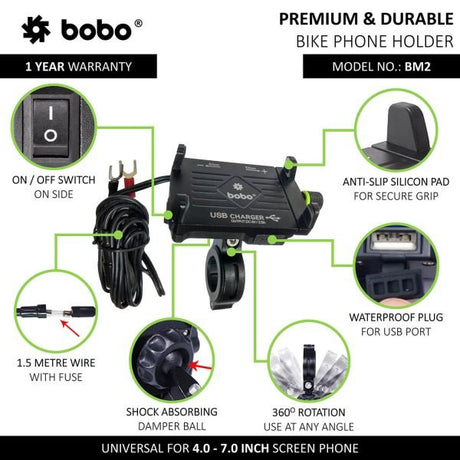 BOBO BM2 aluminium motorcycle phone holder with USB charger bike mobile mount handlebar smartphone holder