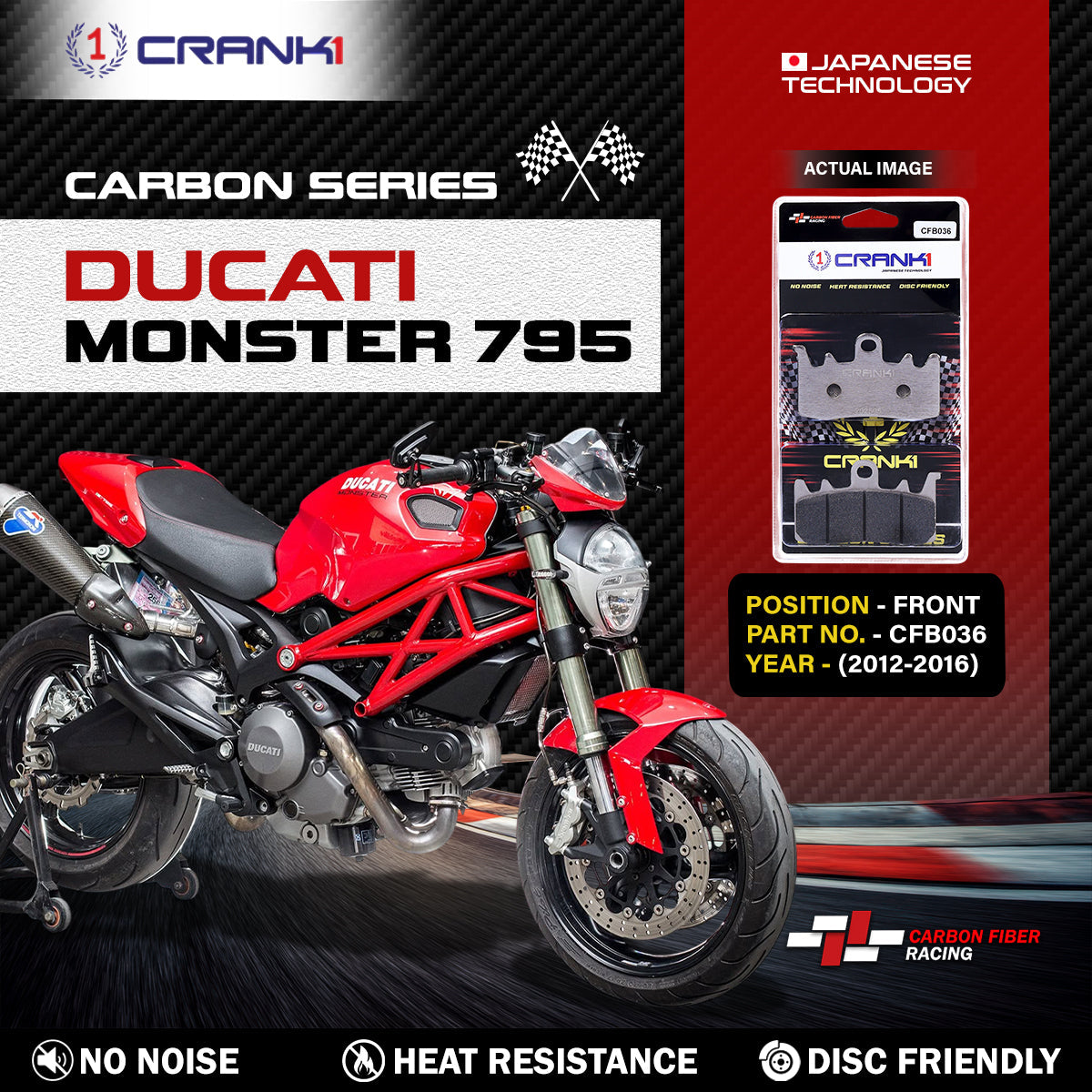 CRANK1 CFB036 Carbon Front Brake Pads for Ducati Monster 795 2012-2016 – 2 Sets