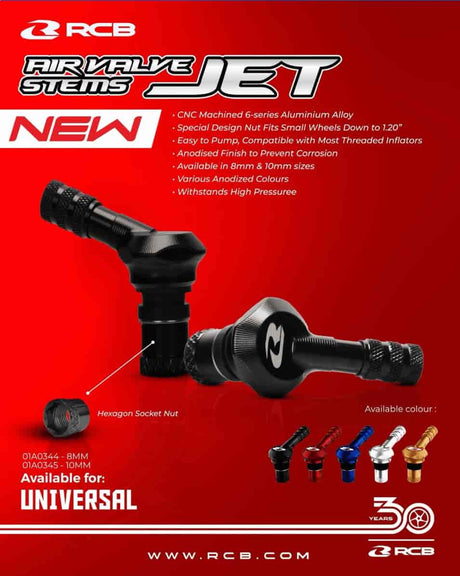RCB Jet 10mm Motorcycle Tubeless Air Valve Stems in Blue, Red, Gold, Silver and Black