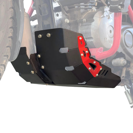 Auto Engina 3mm aluminium bash plate with stainless steel reinforcement for Hero Xpulse 200 in black and red