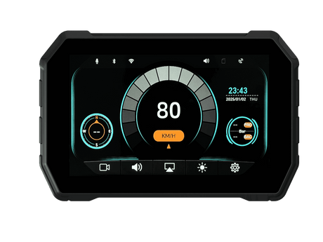 Sash Gears S5 Smart Riding Display with 5 inch touchscreen, wireless Apple CarPlay, Android Auto, dual 1080P cameras, GPS speed display and TPMS
