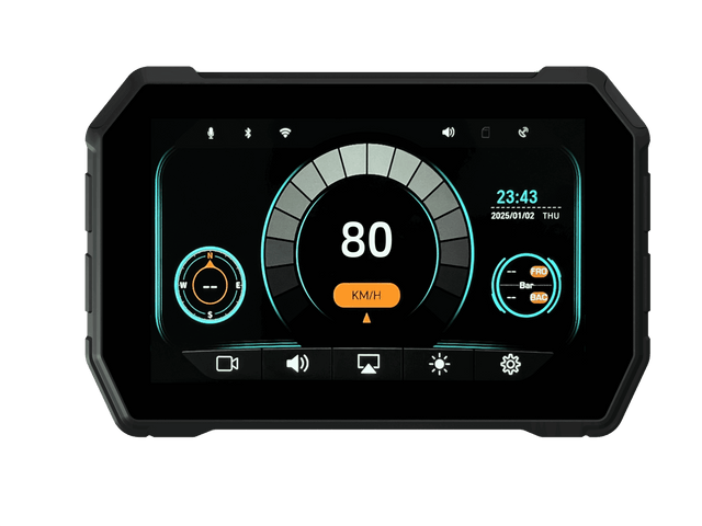 Sash Gears S5 Smart Riding Display with 5 inch touchscreen, wireless Apple CarPlay, Android Auto, dual 1080P cameras, GPS speed display and TPMS