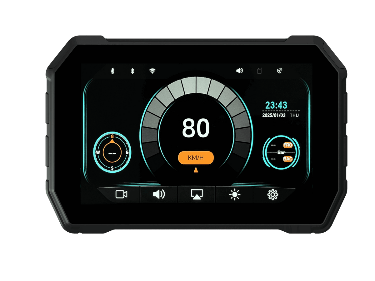 Sash Gears S5 Smart Riding Display with 5 inch touchscreen, wireless Apple CarPlay, Android Auto, dual 1080P cameras, GPS speed display and TPMS