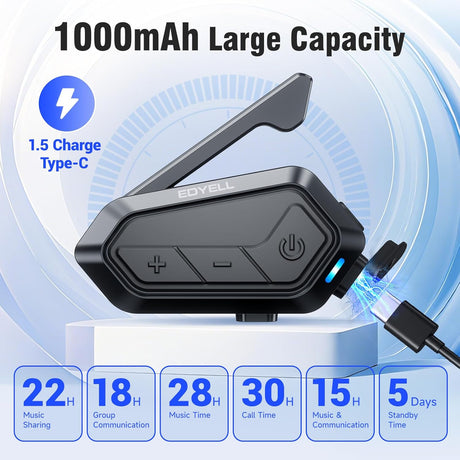 EDYELL V1 Motorcycle Bluetooth Helmet Headset with 24 Rider 2KM Intercom and Hi-Fi Helmet Speakers