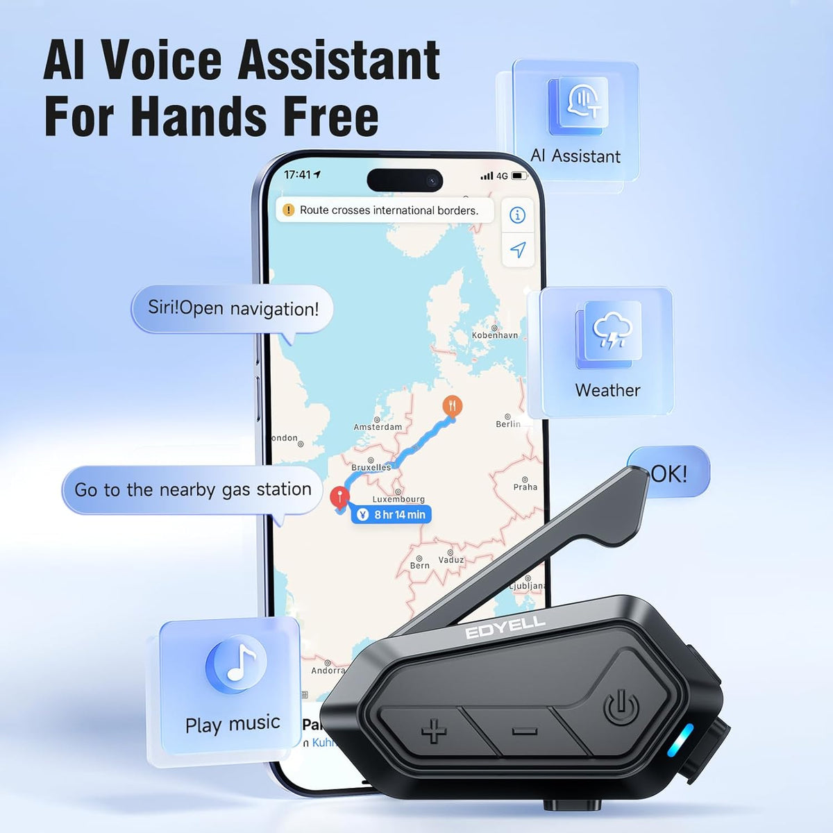 EDYELL V1 Motorcycle Bluetooth Helmet Headset with 24 Rider 2KM Intercom and Hi-Fi Helmet Speakers