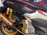 RCB S Series 01IR007 CNC aluminium motorcycle radiator cover with mesh airflow design in Gold/Silver, Blue/Silver and Black/Red colour options.