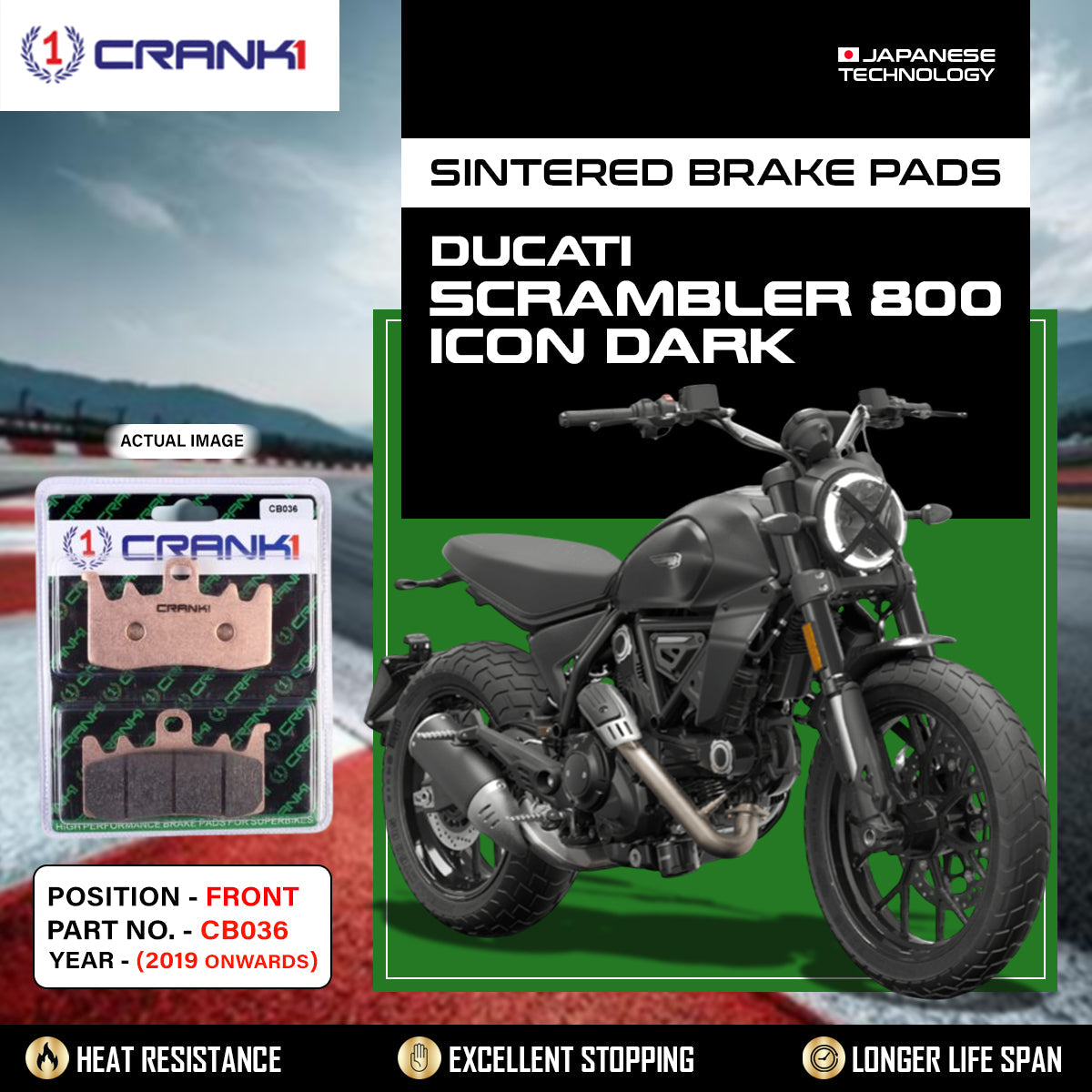 CRANK1 Sintered Brake Pads For Ducati Scrambler 800 Icon Dark (2019 Onwards) - Front - CB036 - 2 Sets
