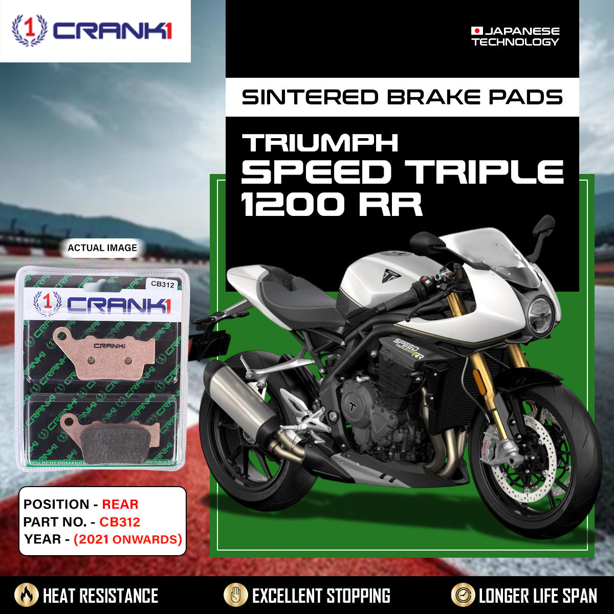 Crank1 CB312 Rear Sintered Brake Pads for Triumph Speed Triple 1200 RR 2021 Onwards