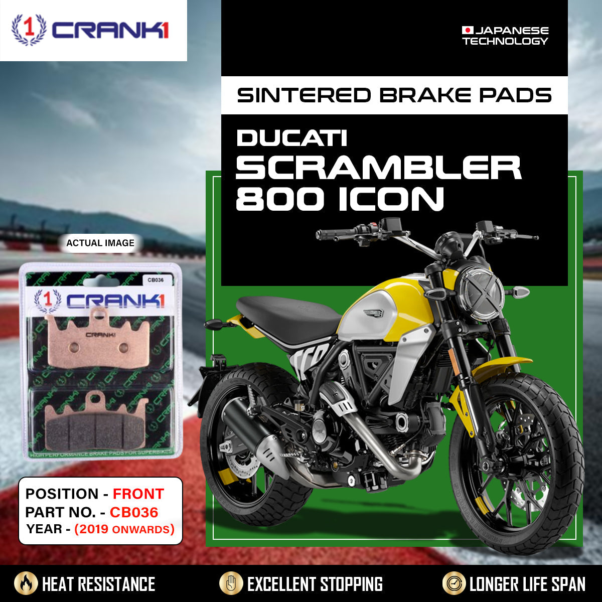 CRANK1 Sintered Brake Pads For Ducati Scrambler 800 Icon Dark (2019 Onwards) - Front - CB036 - 2 Sets