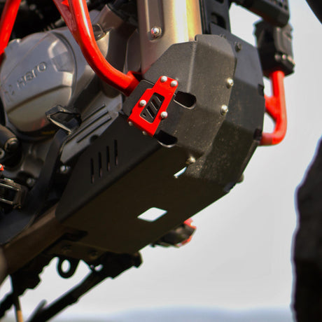 Auto Engina 3mm aluminium bash plate with stainless steel reinforcement for Hero Xpulse 200 in black and red
