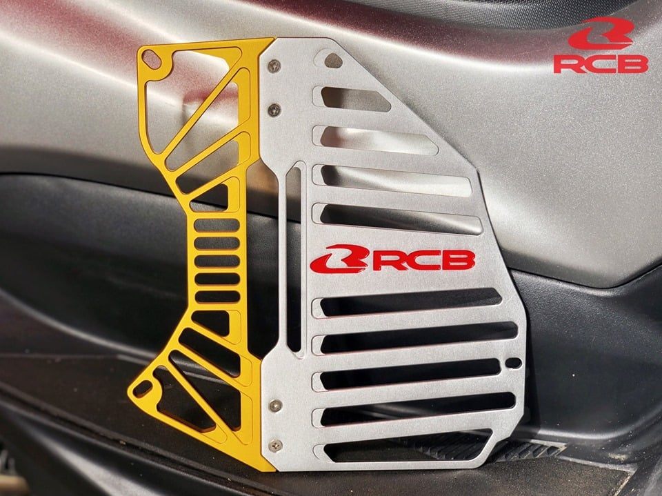RCB S Series 01IR007 CNC aluminium motorcycle radiator cover with mesh airflow design in Gold/Silver, Blue/Silver and Black/Red colour options.