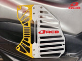 RCB S Series 01IR007 CNC aluminium motorcycle radiator cover with mesh airflow design in Gold/Silver, Blue/Silver and Black/Red colour options.