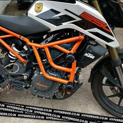 Hyperrider Crash Guard for KTM Duke 125 and Duke 200 BS6 with CNC Delrin Frame Sliders Black Orange