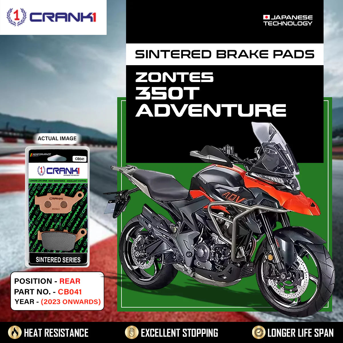 CRANK1 CB041 Rear Sintered Brake Pads for Zontes 350T Adventure 2023 Onwards premium motorcycle brake pads