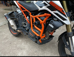 Hyperrider Crash Guard for KTM Duke 125 and Duke 200 BS6 with CNC Delrin Frame Sliders Black Orange