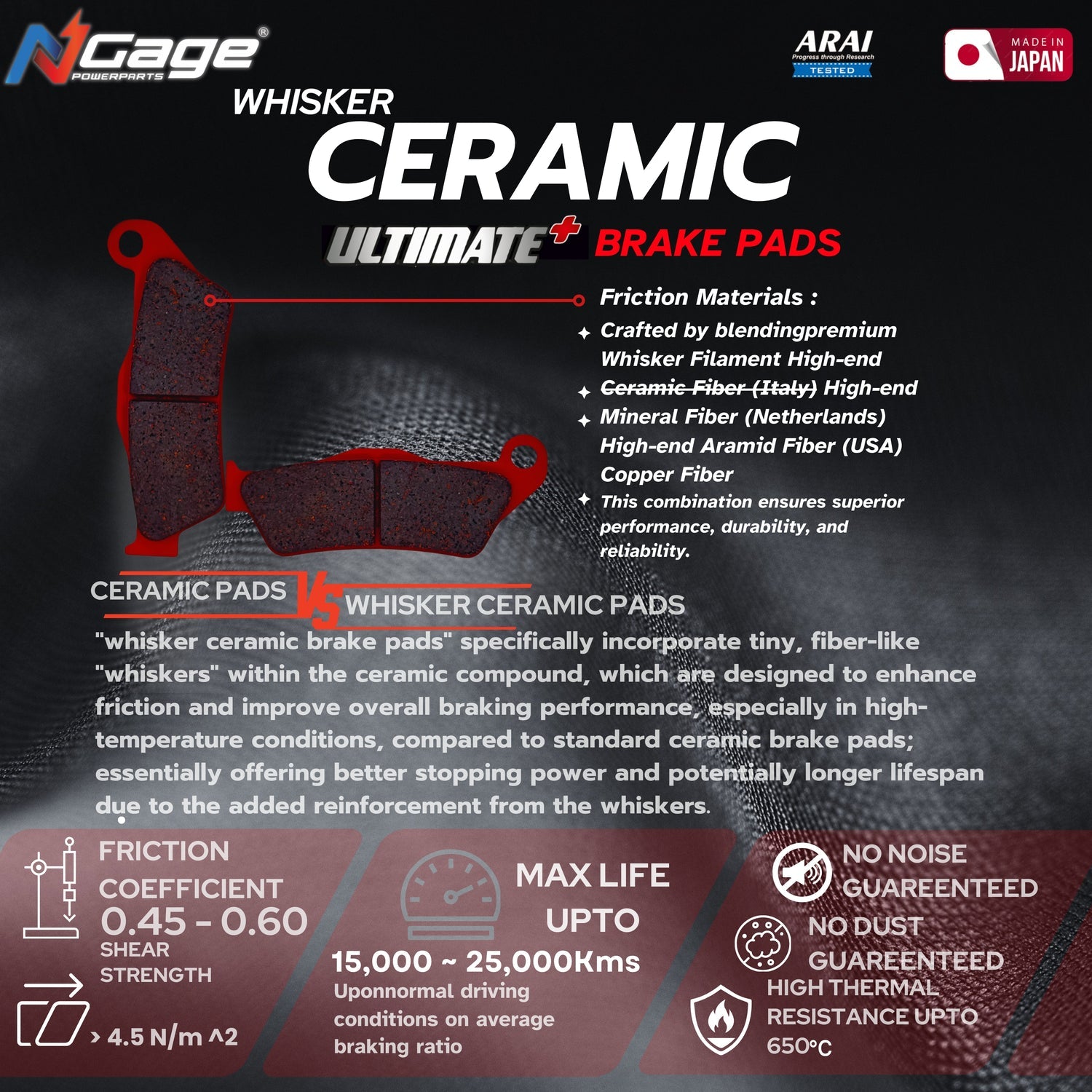 Ngage Whisker Ceramic Ultimate Plus Front Brake Pad for Harley Davidson Street 750 HB 164