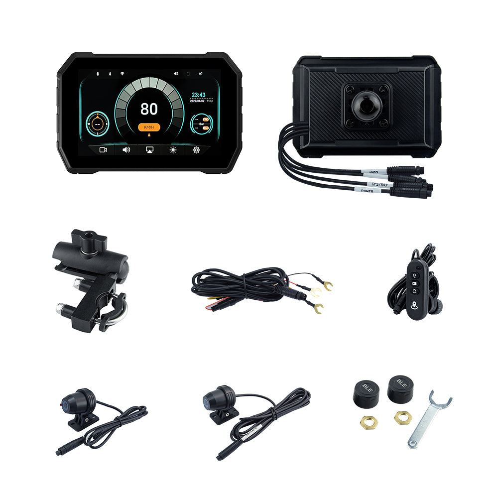 Sash Gears S5 Smart Riding Display with 5 inch touchscreen, wireless Apple CarPlay, Android Auto, dual 1080P cameras, GPS speed display and TPMS