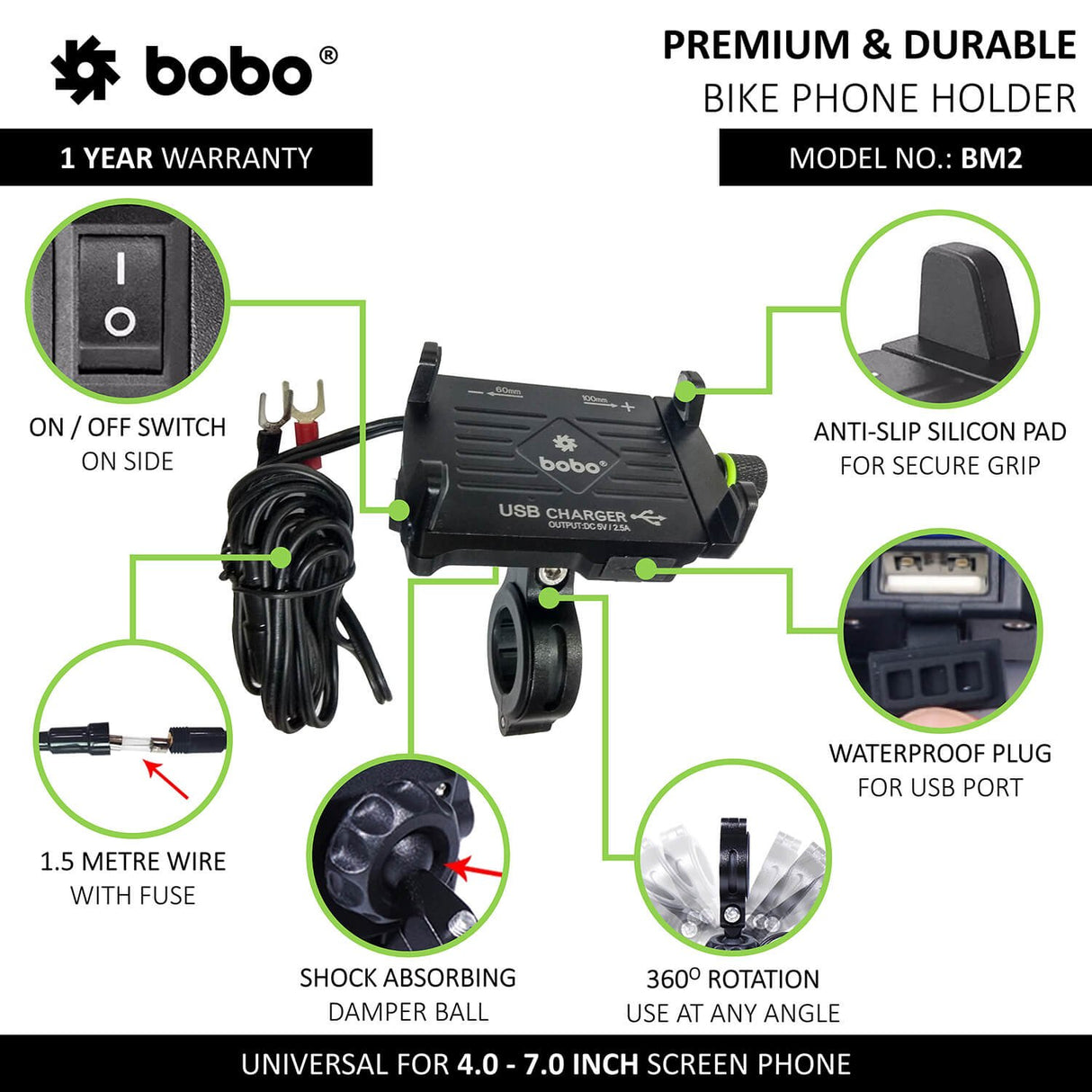 BOBO BM2 aluminium motorcycle phone holder with USB charger bike mobile mount handlebar smartphone holder
