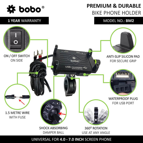 BOBO BM2 aluminium motorcycle phone holder with USB charger bike mobile mount handlebar smartphone holder