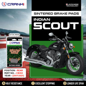 Buy CRANK1 CB312 rear sintered brake pads for Indian Scout (2017-2021). Enjoy superior stopping power, high heat resistance, reduced brake fade, and long-lasting braking performance.
