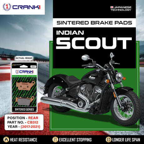 Buy CRANK1 CB312 rear sintered brake pads for Indian Scout (2017-2021). Enjoy superior stopping power, high heat resistance, reduced brake fade, and long-lasting braking performance.