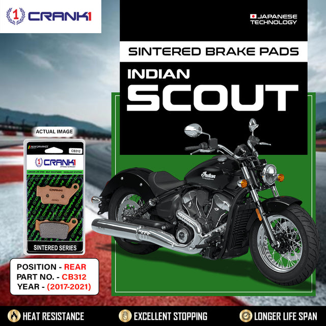 Buy CRANK1 CB312 rear sintered brake pads for Indian Scout (2017-2021). Enjoy superior stopping power, high heat resistance, reduced brake fade, and long-lasting braking performance.