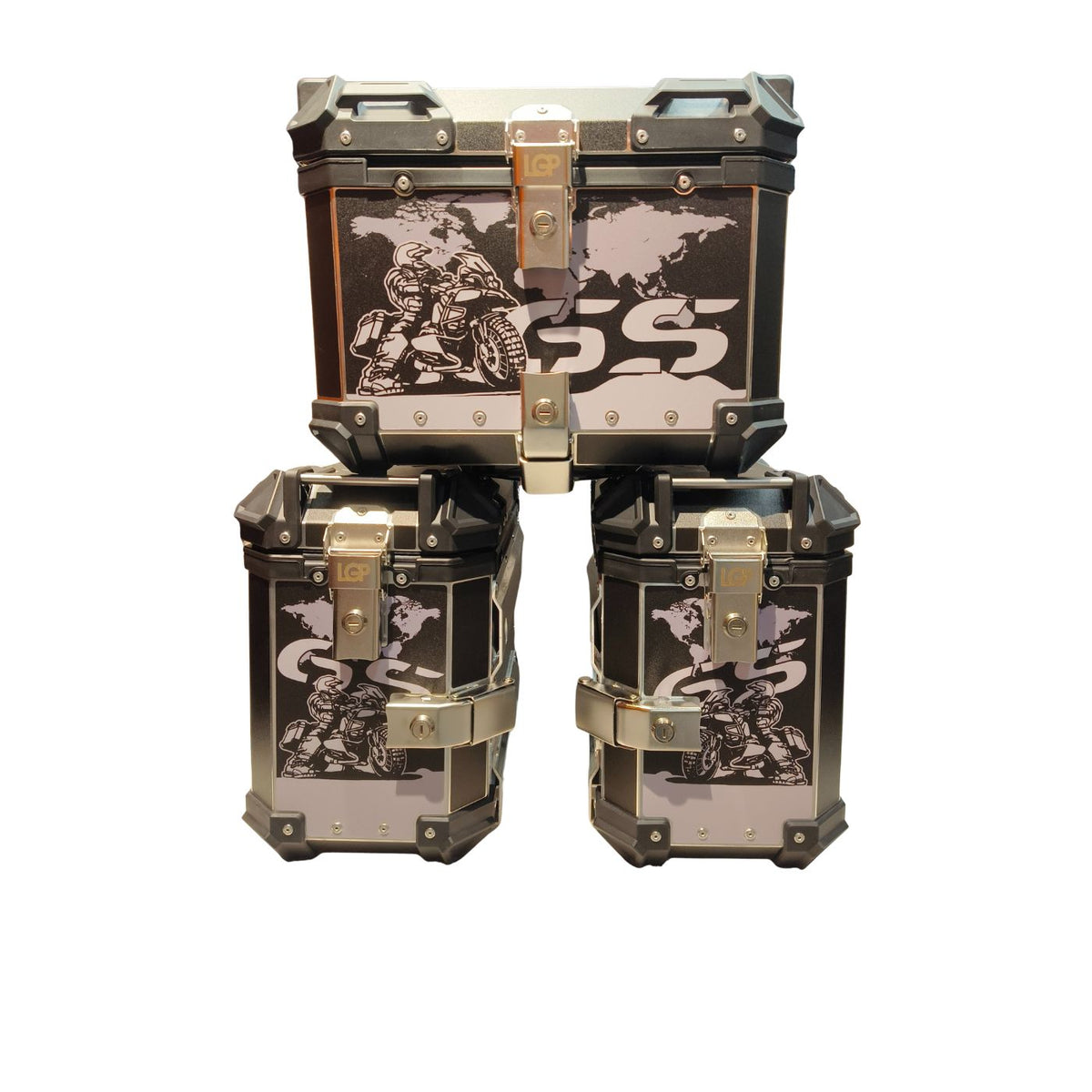 BMW GS style 121L aluminium pannier set mounted on adventure motorcycle touring setup
