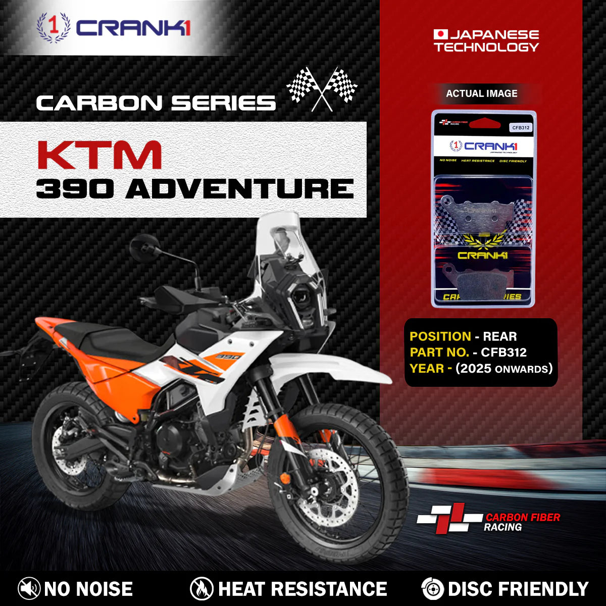 CRANK1 Carbon Rear Brake Pads CFB312 for KTM 390 Adventure 2025 Onwards Carbon Kevlar Disc Brake Pad Set