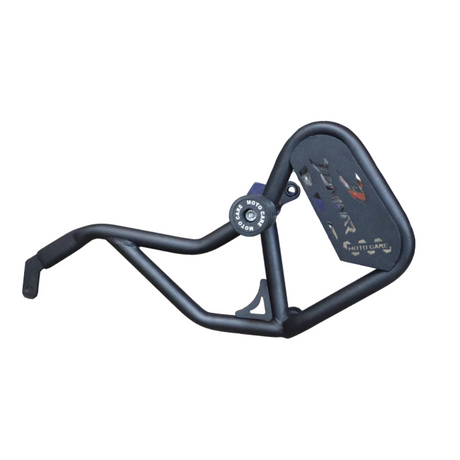 Motocare Dominar 400 type 2 crash guard with dual sliders installed on Bajaj Dominar 250 and 400 motorcycle engine protection system
