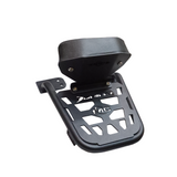 Motocare Dominar 400 plate carrier with integrated pillion backrest installed on Bajaj Dominar 250 and 400 motorcycle