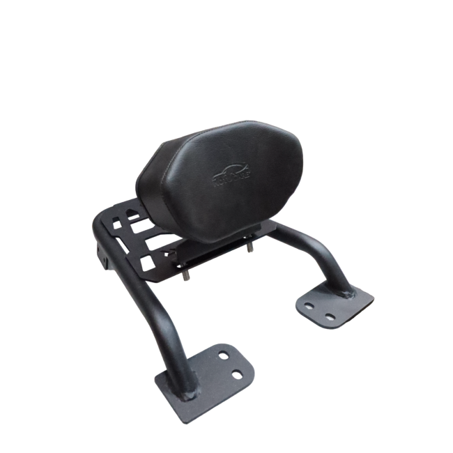 Motocare Dominar 400 plate carrier with integrated pillion backrest installed on Bajaj Dominar 250 and 400 motorcycle