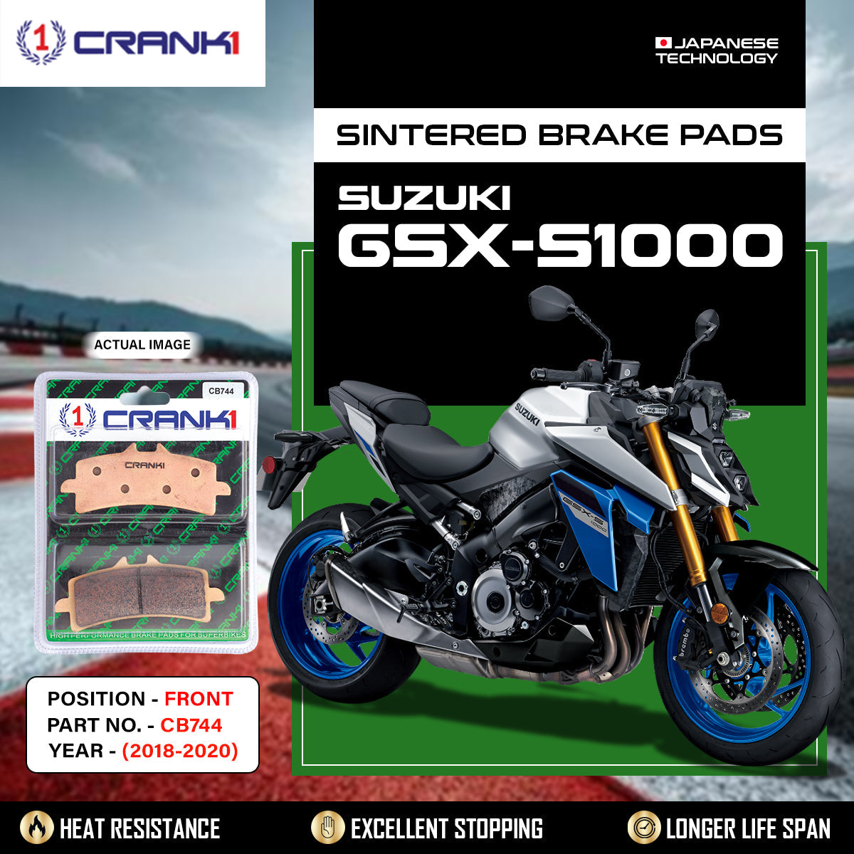 CRANK1 CB744 Front Sintered Brake Pads for Suzuki GSX-S1000 2018-2020 premium motorcycle brake pads