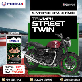 CRANK1 CB412 Sintered Rear Brake Pads for Triumph Street Twin 2016-2017, Bonneville T120, Speed Triple and Thruxton 1200