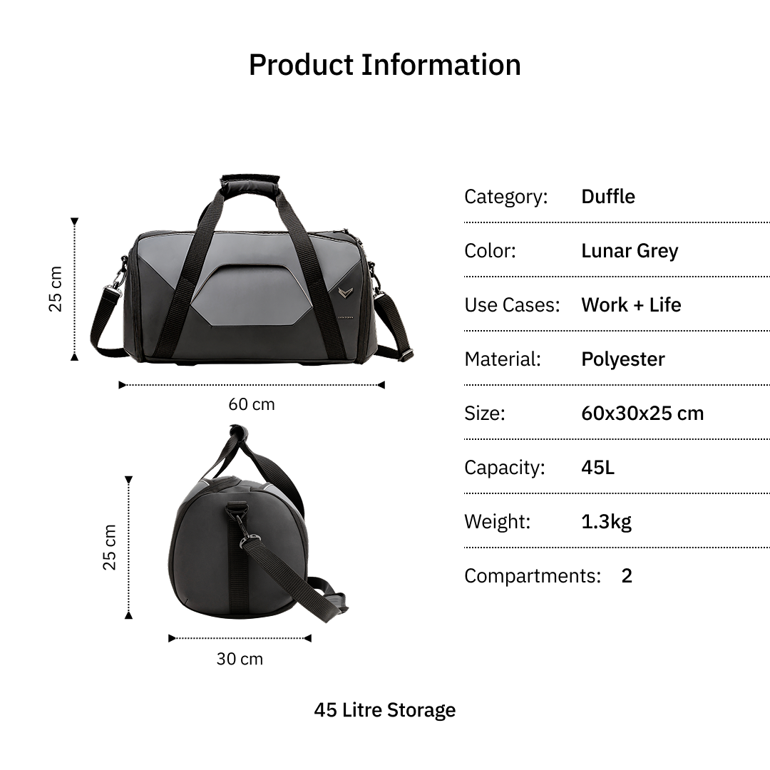 Vantora ALLURE 45L Water-Resistant Duffle Bag for Travel and Weekend Trips with Dedicated Suit Compartment