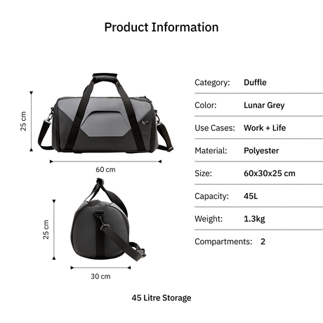Vantora ALLURE 45L Water-Resistant Duffle Bag for Travel and Weekend Trips with Dedicated Suit Compartment