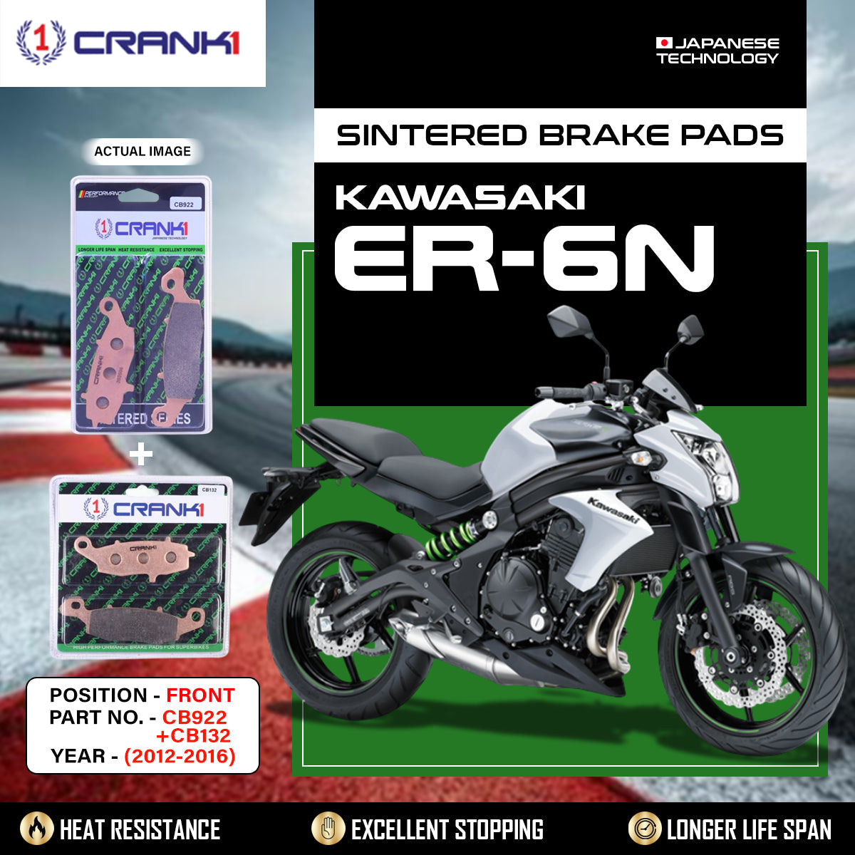 CRANK1 CB922 CB132 Sintered Front Brake Pads for Kawasaki ER-6N 2012-2016 Naked Sport Motorcycle