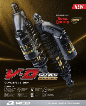 RCB VD Series black 315mm rear shock absorber for Royal Enfield Classic 350, part 01A0237Z