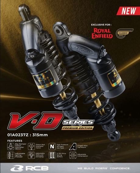 RCB VD Series black 315mm rear shock absorber for Royal Enfield Classic 350, part 01A0237Z