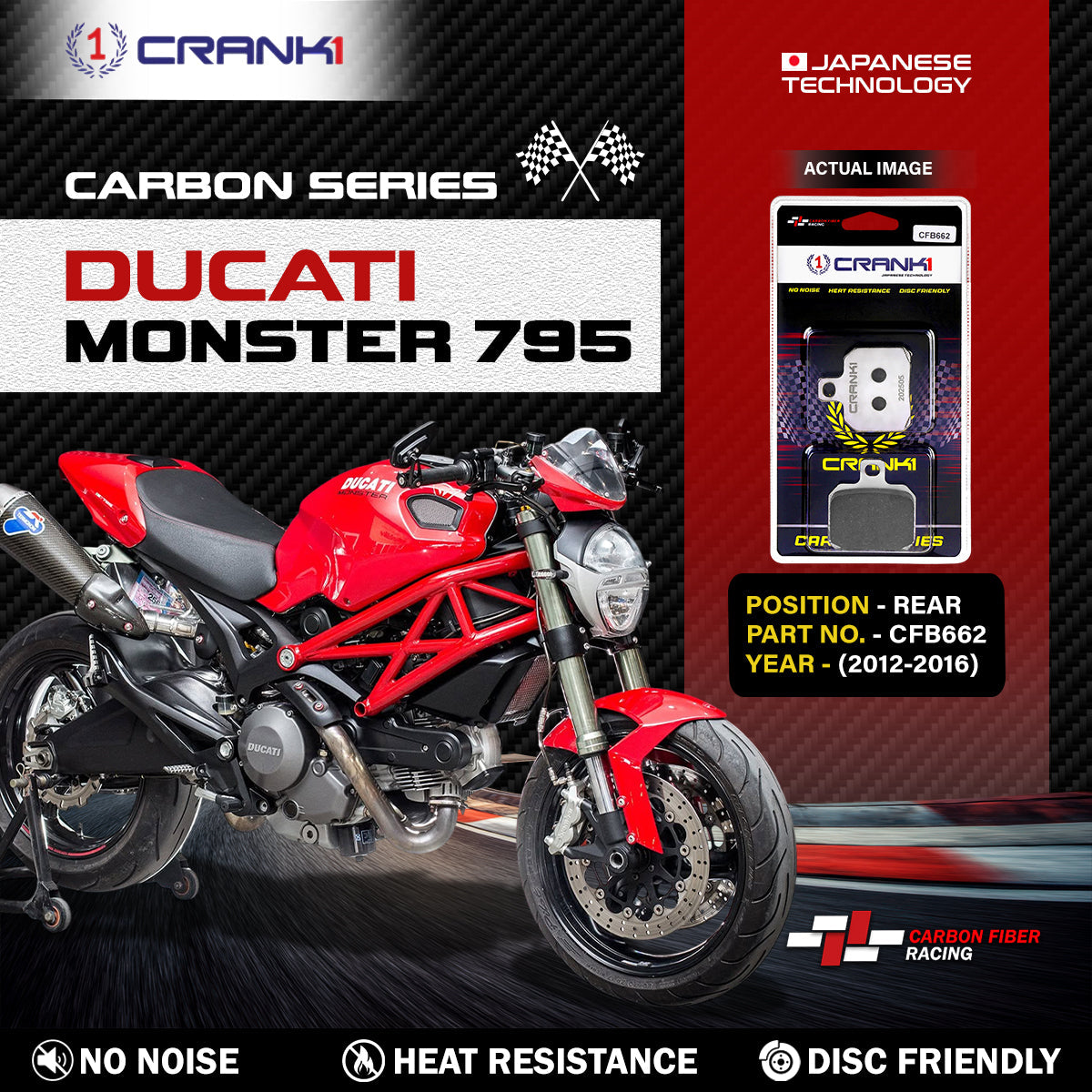 CRANK1 CFB662 Carbon Rear Brake Pads for Ducati Monster 795 2012-2016 – 1 Set