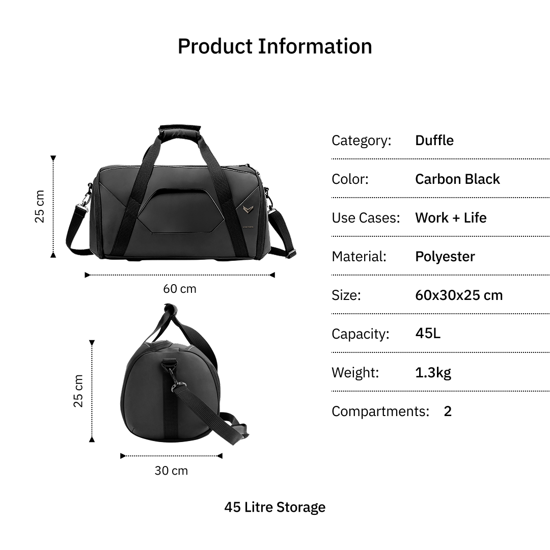 Vantora ALLURE 45L Water-Resistant Duffle Bag for Travel and Weekend Trips with Dedicated Suit Compartment