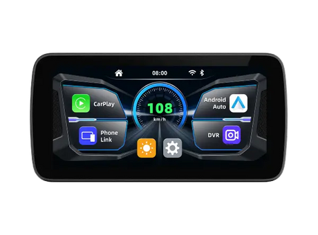 Sash Gears S7 Smart Riding Display with 6.25 inch touchscreen, wireless Apple CarPlay, Android Auto, dual 1080P cameras, GPS speed display and TPMS